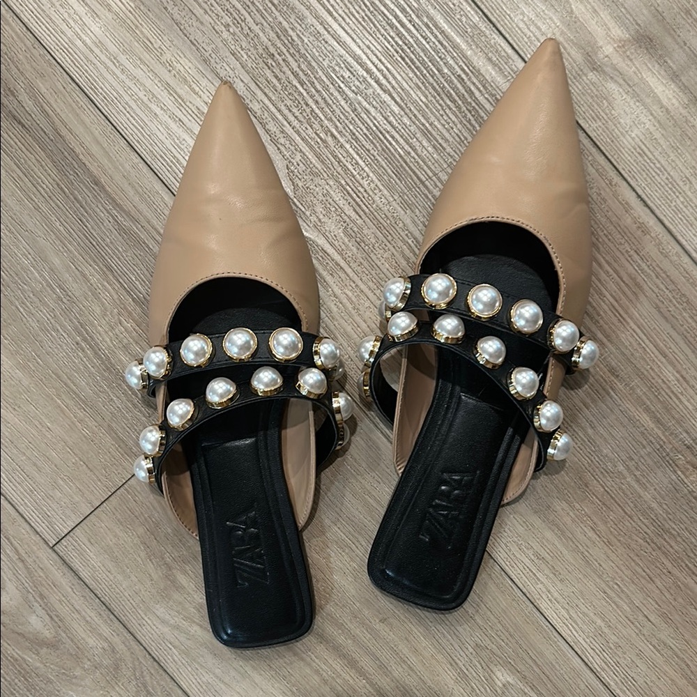 Zara Tan and Black Pearl Embellished Mules